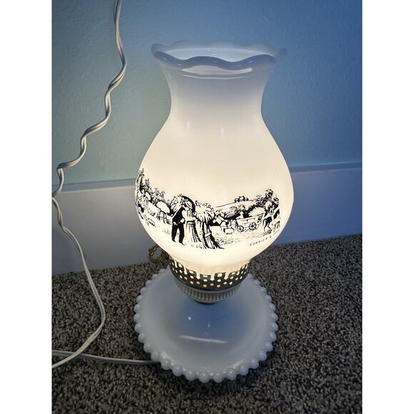 Beautiful Vintage Currier and Ives Lamp Milk Glass Hurricane Electric 11" Works - Picture 1 of 6